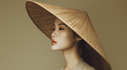 Elegant Woman with Traditional Vietnamese Hat Against Neutral Background. Generative ai