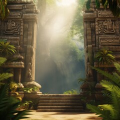 Mystical Mayan Temple: Digital Backdrop of an Ancient Structure in the Jungle

