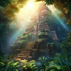 Mystical Mayan Temple: Digital Backdrop of an Ancient Structure in the Jungle

