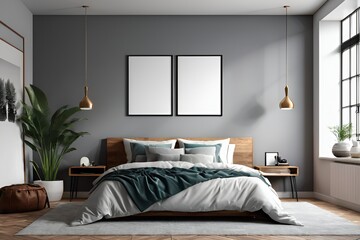 mock up blank poster on bedroom wall, 3D illustration background