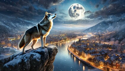 wolf in the night, wolf howling at the moon realistic art in a city illustration background - obrazy, fototapety, plakaty