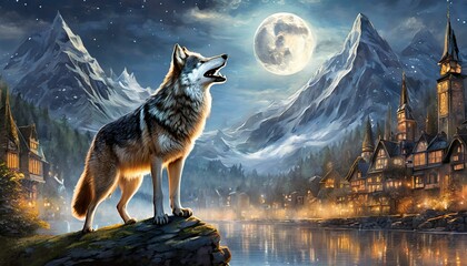 wolf howling at the moon, wolf howling at the moon realistic art in a city illustration background