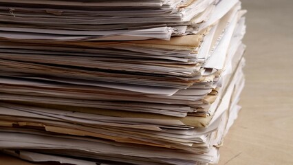 A very large stack of papers. Deadline, office overload, bureaucracy, paperwork