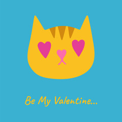 Valentines Day card with cat cartoon style. Kitten character for birthday greeting cards, postcard, invitation cover. Wedding poster, background template page. Vector design illustration