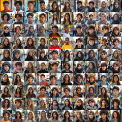 Obraz premium composite portrait of teenagers of different cultures headshots, including all ethnic, racial, and geographic types of children in the world outside a city street