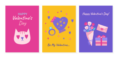 Valentines Day cards set with romantic elements. Cartoon Valentine posters templates for celebration. Abstract drawings postcard. Happy Valentines Day banner love congratulations vector illustration