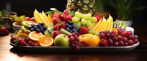 Different types of fruits in tray on the table. Variety of fresh and healthy fruits.