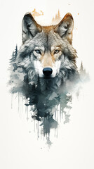 The head of a wolf on a white background with double exposure. : Mystical Wolf Spirit: Artistic Illustration with Forest and Mountain Backdrop - obrazy, fototapety, plakaty