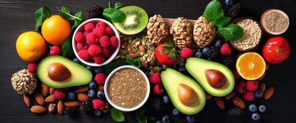 Overhead view of a large group of food with high content of dietary fiber arranged side by side. The composition includes berries, oranges, avocado, chia seeds, wholegrain bread