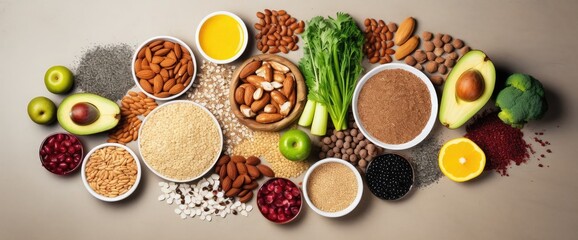 Overhead view of a large group of all sort of food for a well balanced and healthy diet of proteins, dietary fiber