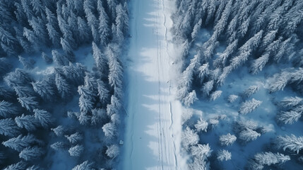 
Aerial top view of snow winter road with the pine forest for abstract background.