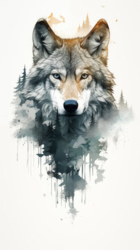 The head of a wolf on a white background with double exposure. : Mystical Wolf Spirit: Artistic Illustration with Forest and Mountain Backdrop