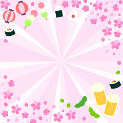 お花見に使える桜とお酒セットの正方形放射背景