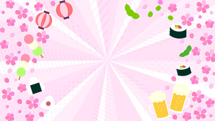 お花見に使える桜とお酒セットの横向き放射背景