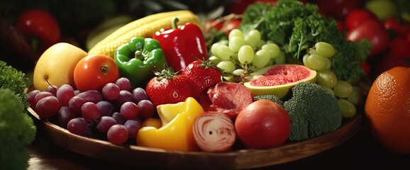 Slow motion medium high angle locked down shot of a mix of different fruits and vegetables rotating on a platter