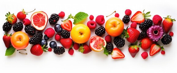 Top view of various types of tropical fruits on white background. Directly above shot of a blackberries, raspberries, strawberries, plums, peaches, apricots and apples.
