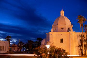 Twilight view of historic structures in downtown Ajo, Arizona, USA.