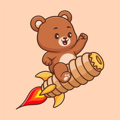 Cute teddy bear riding honeycomb rocket cartoon vector icon illustration animal transportation isolated
