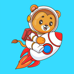 Cute lion astronaut riding rocket in space cartoon vector icon illustration animal science isolated