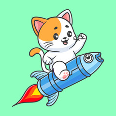 Cute cat riding fish rocket cartoon vector icon illustration animal transportation isolated