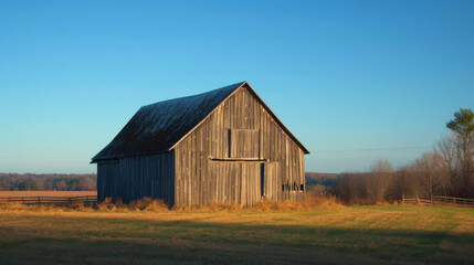 A wooden hay barn stands against a vibrant blue sky its weathered exterior glowing in the golden light.