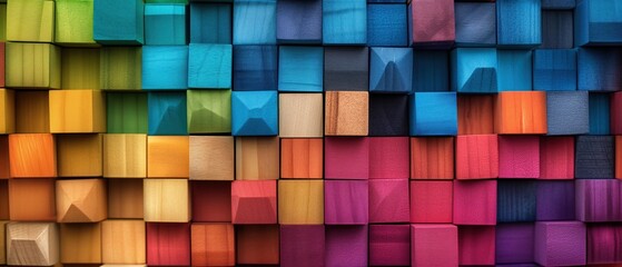 Colorful wooden blocks aligned. Wide format