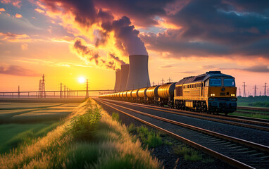 Freight Train Journey at Sunset by Industrial Landscape - obrazy, fototapety, plakaty