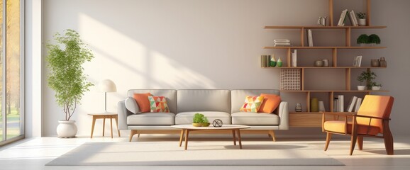 Digitally generated modern living room interior design. 3d rendering of a furnished living room with two window.