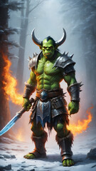Elemental Fury: Green Orc Conjuring Ice and Fire
