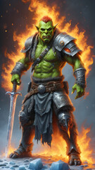 Orcish Inferno: Green Warrior Harnessing Fire and Ice
