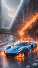 Arctic Blaze: Sports Car Embracing Fire and Ice Elements