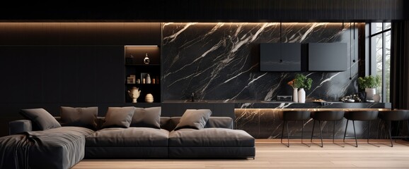 Modern, black minimalist interior with kitchen, sofa, wood floor, wall panels and marble kitchen island