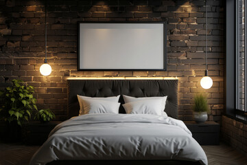 interior picture frame, mockup over bed in modern bedroom. Wall art mock-up. Generative AI