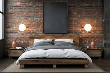 interior picture frame, mockup over bed in modern bedroom. Wall art mock-up. Generative AI