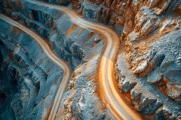 winding dirt road through Rock stockpiled . road in mining. Generative AI - obrazy, fototapety, plakaty