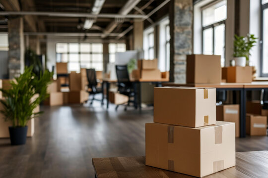 New Office with Cardboard Boxes, Packed Belongings, Moving and Storage Solutions.AI generative