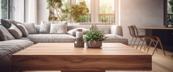 wooden table top with blur of modern living room interior
