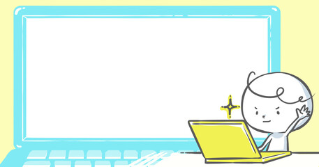 【ブログで使えるアイキャッチ】ノートPCの画面に向かって挙手する白い人