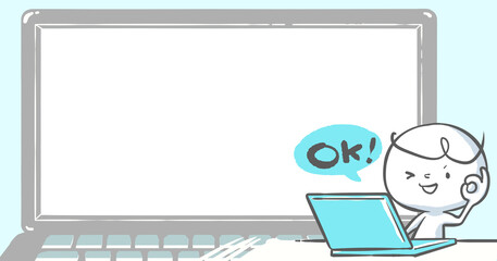 【ブログで使えるアイキャッチ】ノートPCにOKサインを出す白い人