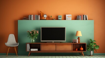 A nostalgic retro living room with a blank TV (copy space) and book shelves with decoration