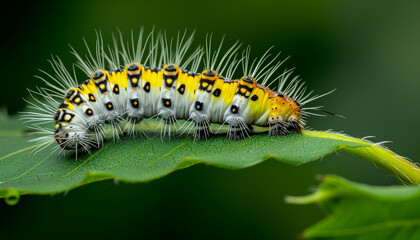 Fototapeta premium a vibrant yellow, black, and white-spotted caterpillar with long bristles, crawling along the edge of a green leaf