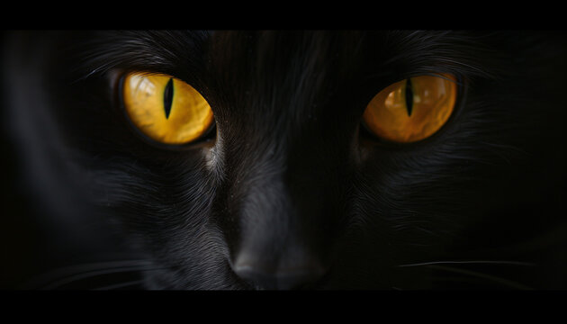 close-up captures the intense and mysterious gaze of a black cat with vivid yellow eyes, set against a dark, shadowy background