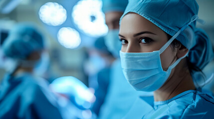 Photo of a female doctor performing surgery in an operating room. Generative AI