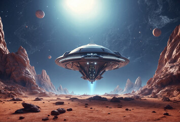 Obraz premium A 3D animation style scene of a spaceship landing on an alien planet