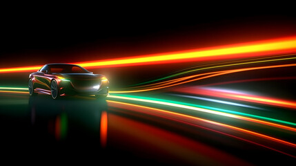 Futuristic car light tail with modern car design with neon light stripes on black background 