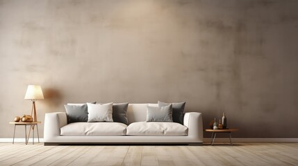 Cozy, luxurious, and empty modern living room with a beige textile sofa, and decoration (pillows) on the hardwood floor in front of a blank gray plaster wall background with copy space