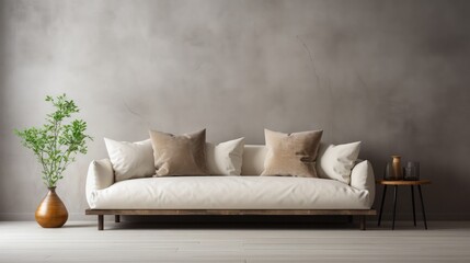 Fototapeta na wymiar Cozy, luxurious, and empty modern living room with a beige textile sofa, and decoration (pillows) on the hardwood floor in front of a blank gray plaster wall background with copy space