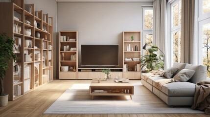 Cozy Scandinavian style living room with home entertainment center.