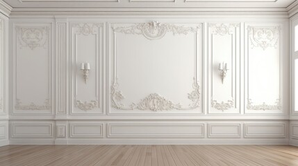 Empty classic elegant interior with a french style antique white wall background with moldings