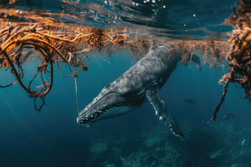 a whale caught in a fishing net highlights the problem of marine life affected by human waste - obrazy, fototapety, plakaty